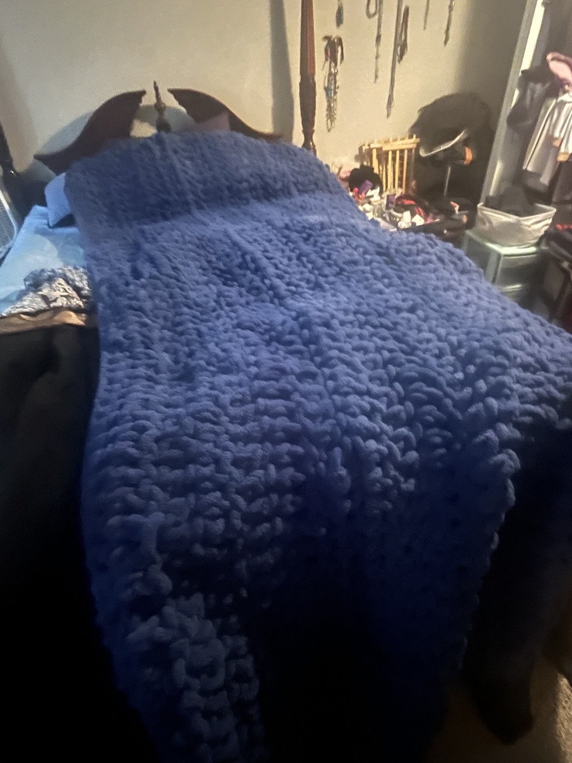Close-up of Natalea’s handmade navy chunky blanket